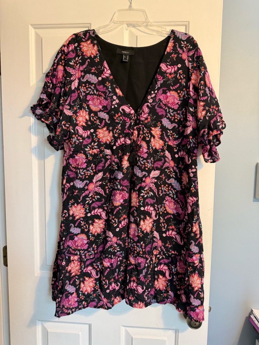 Forever 21 Black Floral V-Neck Mini Dress with Pink and Purple Blooms